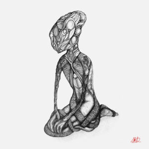 a pencil drawing of an abstract alien